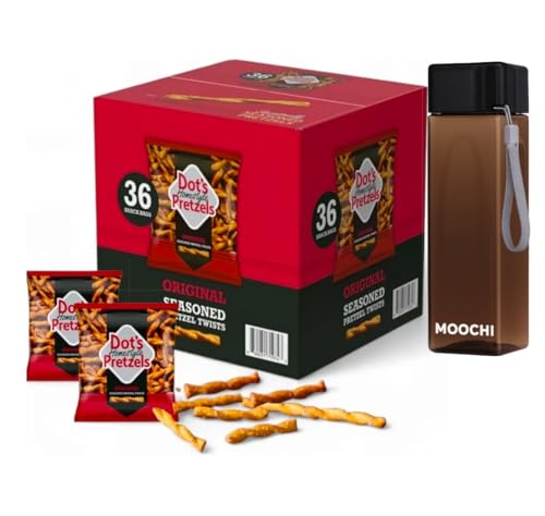 Dot’s Homestyle Pretzels – Original Seasoned Pretzel Twists (36 Snack Bags) – Baked, No Artificial Flavors – Wholesome, Crunchy, Healthy Kids Snacks, Bundled by MOOCHI. Plus, get a bonus reusable water bottle—perfect for gifting or everyday use!